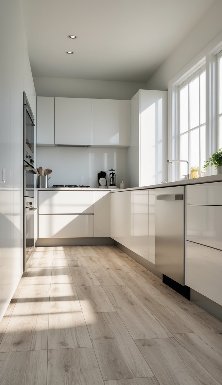 17 Cheap Kitchen Flooring Ideas for Stylish and Affordable Upgrades 14 A modern kitchen with light wood vinyl plank flooring, white cabinets, and stainless steel appliances.