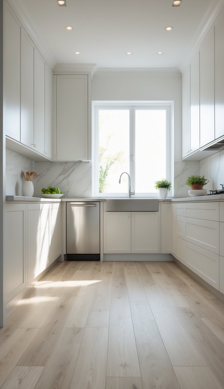 17 Cheap Kitchen Flooring Ideas for Stylish and Affordable Upgrades 15 Modern kitchen with light oak snap-together laminate flooring, white cabinets, and stainless steel appliances.