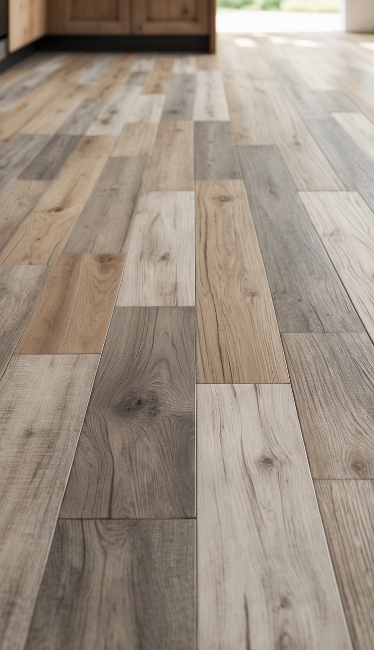 17 Cheap Kitchen Flooring Ideas for Stylish and Affordable Upgrades 17 Close-up view of a kitchen floor with textured vinyl plank flooring in warm wood tones.