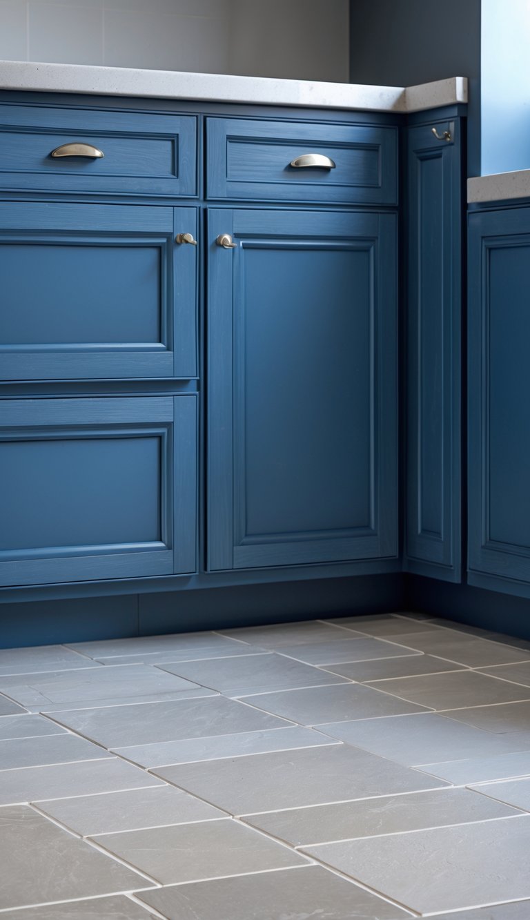 15 Blue Kitchen Flooring Ideas to Elevate Your Space with Style and Durability 2 A kitchen with ceramic tile floors and blue shaker cabinets.