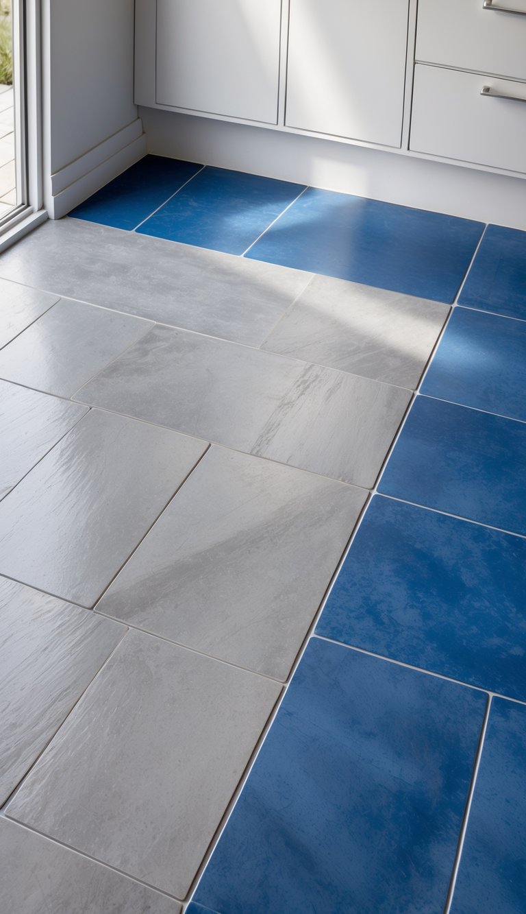 15 Blue Kitchen Flooring Ideas to Elevate Your Space with Style and Durability 3 A kitchen floor with light grey porcelain tiles next to blue flooring.