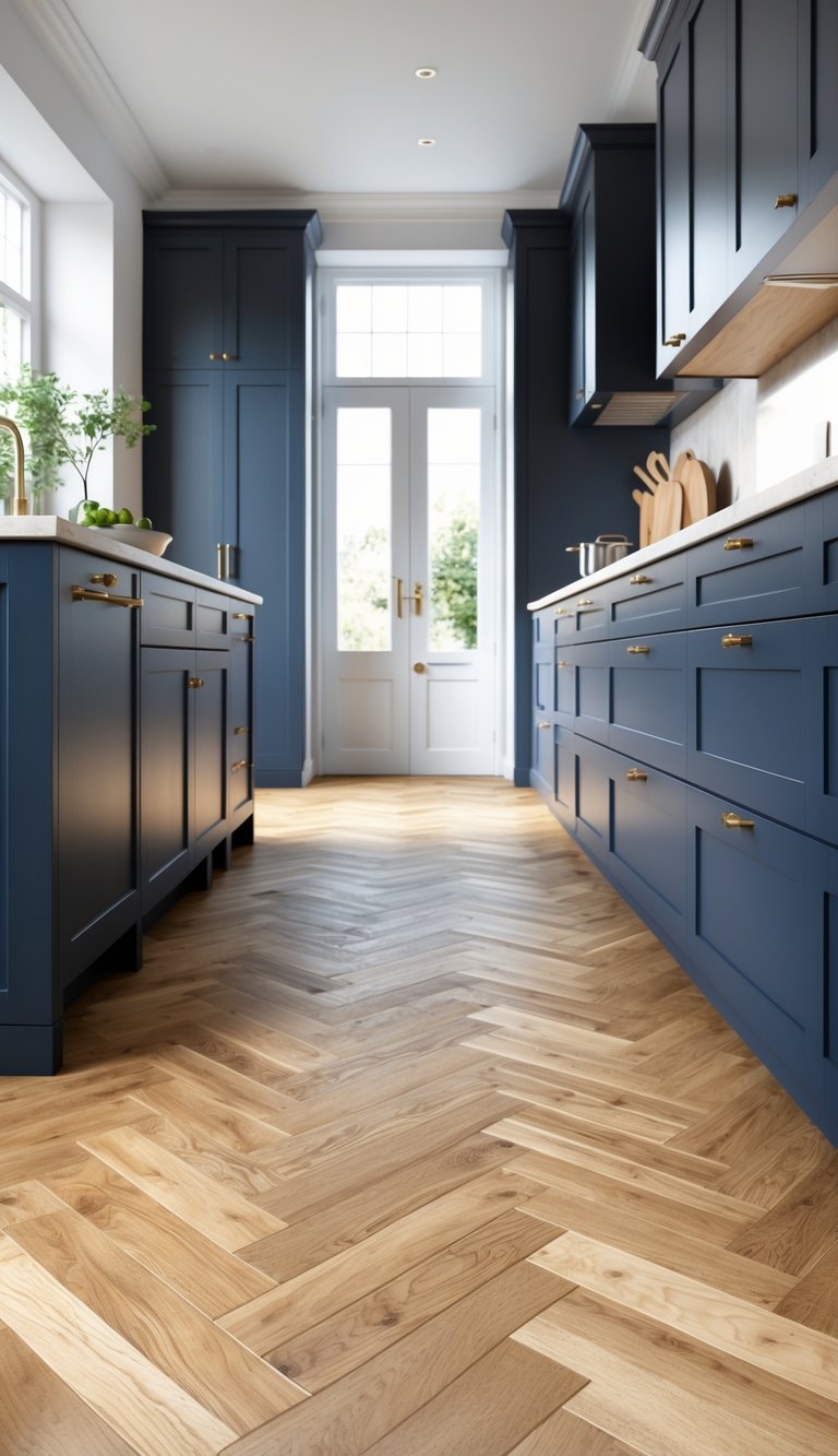 15 Blue Kitchen Flooring Ideas to Elevate Your Space with Style and Durability 7 A kitchen with navy blue cabinets and a herringbone oak wood floor.