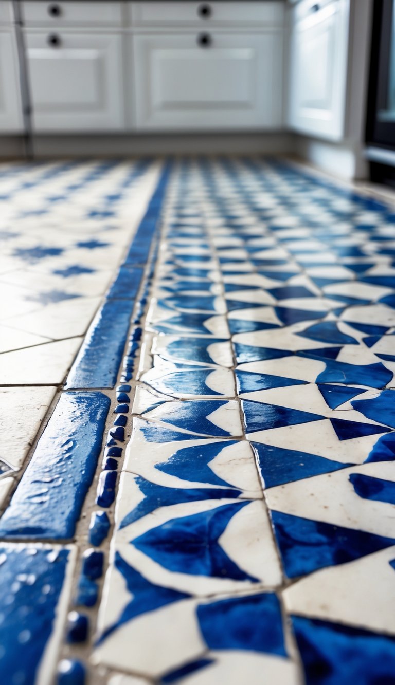 15 Blue Kitchen Flooring Ideas to Elevate Your Space with Style and Durability 9 Close-up view of blue and white encaustic tile flooring in a kitchen.