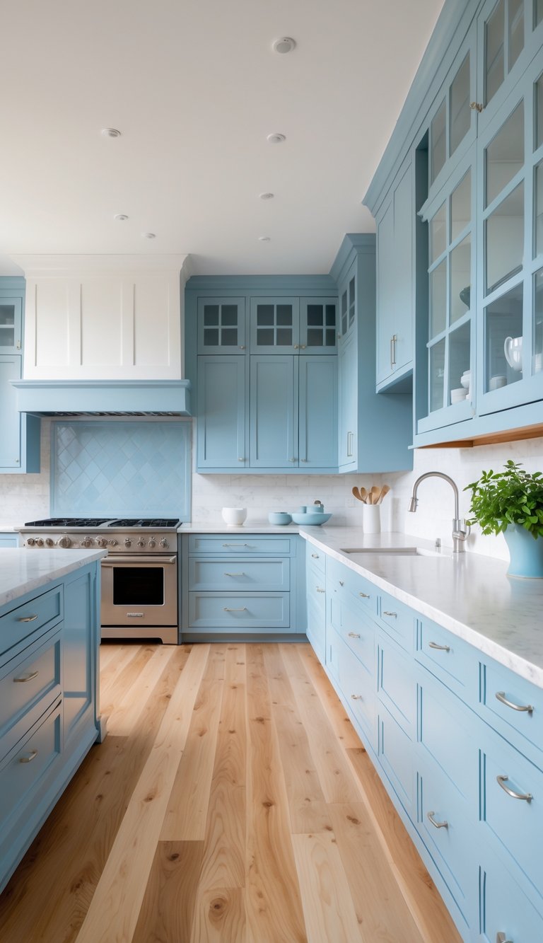 15 Blue Kitchen Flooring Ideas to Elevate Your Space with Style and Durability 10 A kitchen with warm maple hardwood flooring and soft blue cabinets and island.