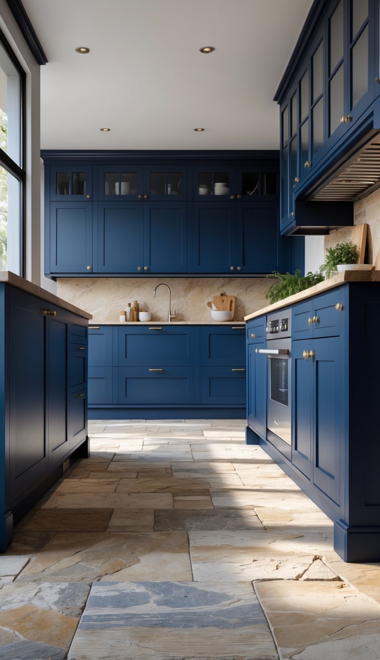15 Blue Kitchen Flooring Ideas to Elevate Your Space with Style and Durability 11 Modern kitchen with natural stone floors and deep blue cabinets.