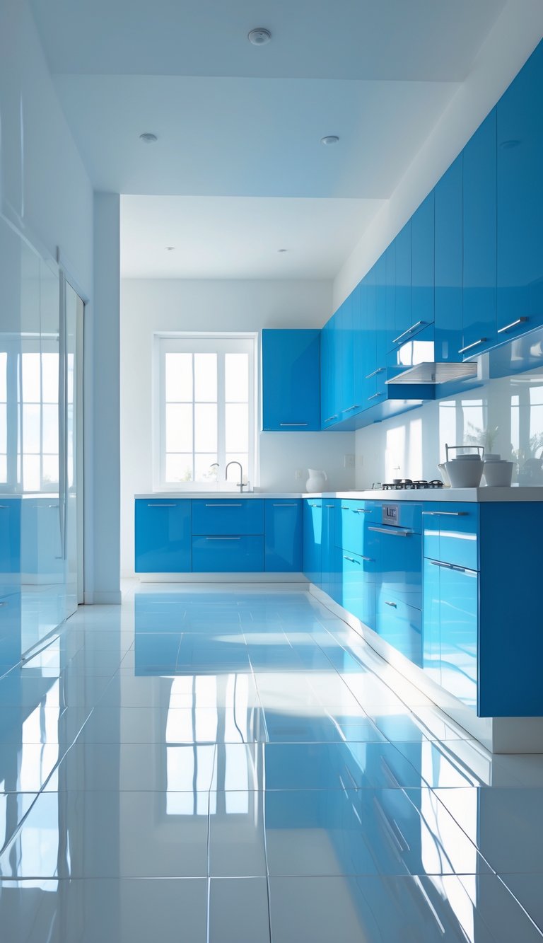 15 Blue Kitchen Flooring Ideas to Elevate Your Space with Style and Durability 12 A modern kitchen with glossy white tile floors and vibrant blue cabinets.