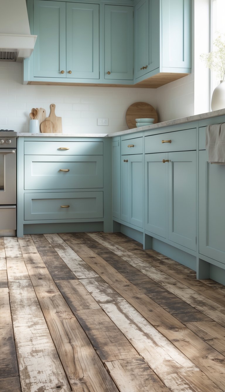 15 Blue Kitchen Flooring Ideas to Elevate Your Space with Style and Durability 15 Kitchen interior with distressed wood flooring and pastel blue cabinets along the wall.