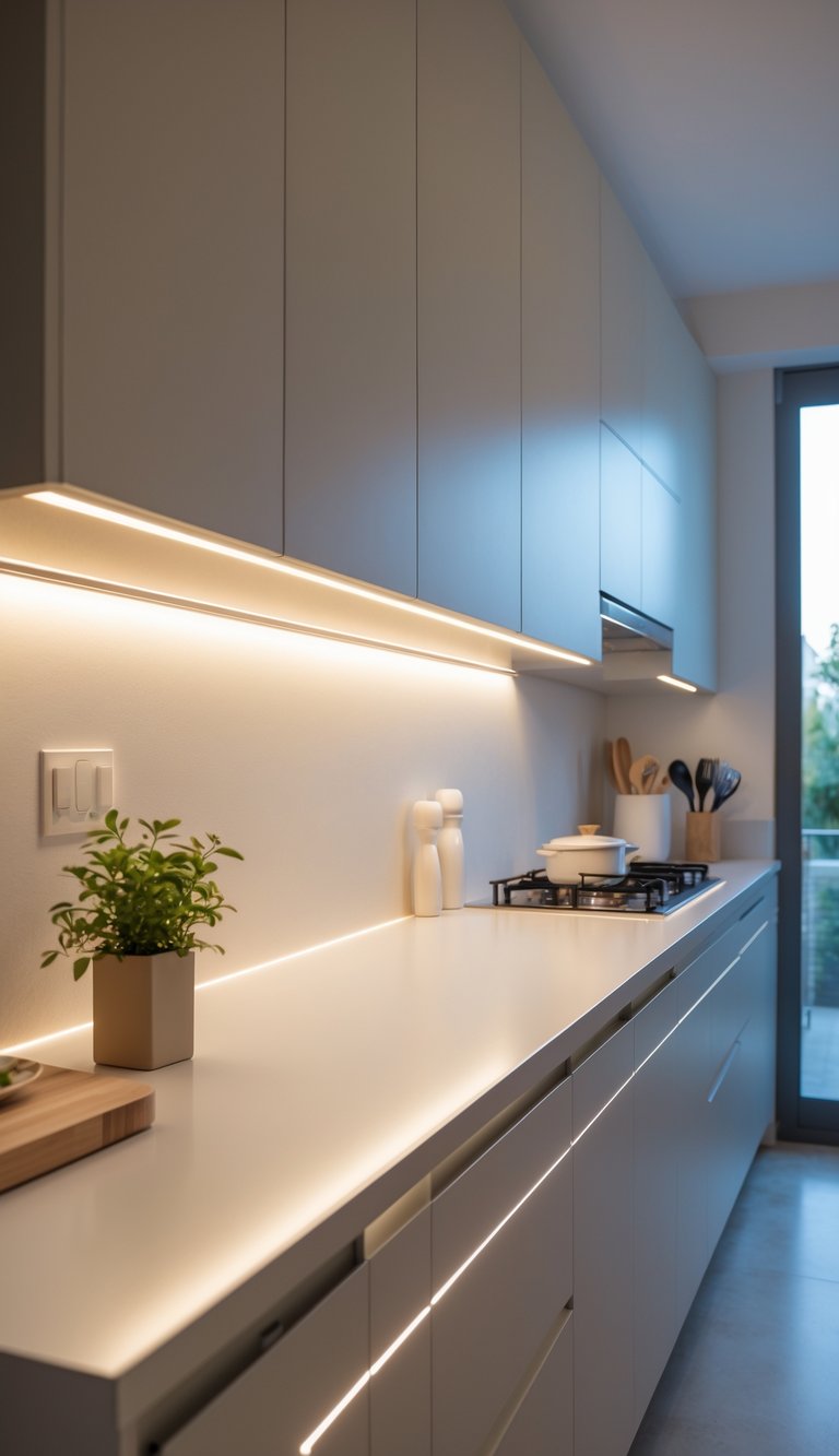 A modern galley kitchen with under-cabinet LED lighting illuminating the countertop and cabinets.
