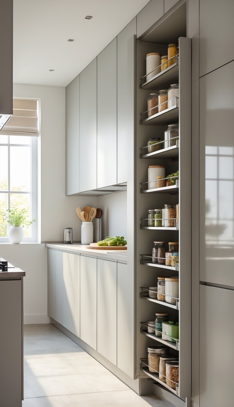 A modern galley kitchen with narrow pull-out pantry shelves fully extended and neatly organized with kitchen items.