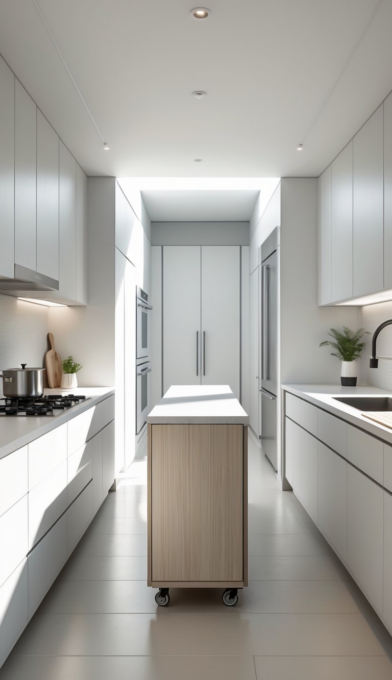 A narrow galley kitchen with a slim rolling island in the center providing extra prep space.