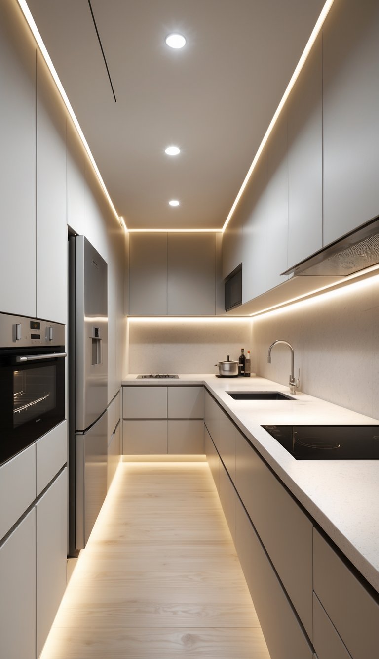 A narrow galley kitchen with built-in compact appliances and light-colored cabinetry, featuring a clean and organized workspace.