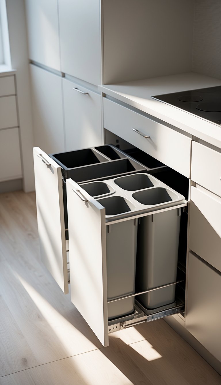 A modern galley kitchen with pull-out trash and recycling bins integrated into the cabinetry, shown partially open to reveal organized compartments.