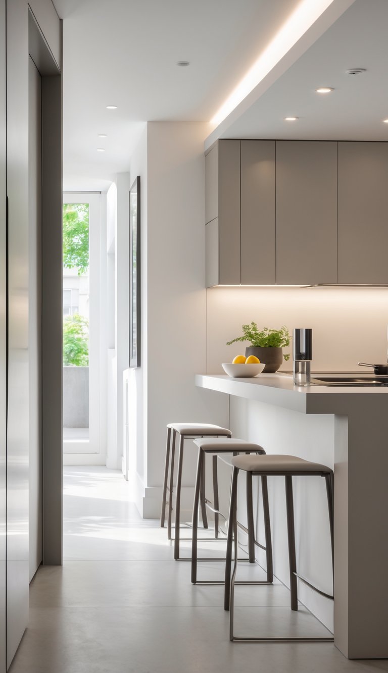 A narrow galley kitchen with a breakfast bar and three stools for casual dining.