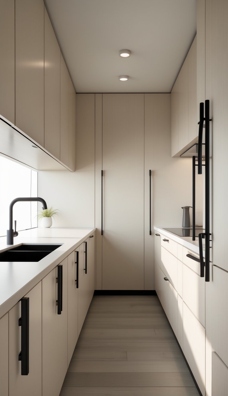 A narrow galley kitchen with light cabinets and dark contrasting handles on the cabinet doors.