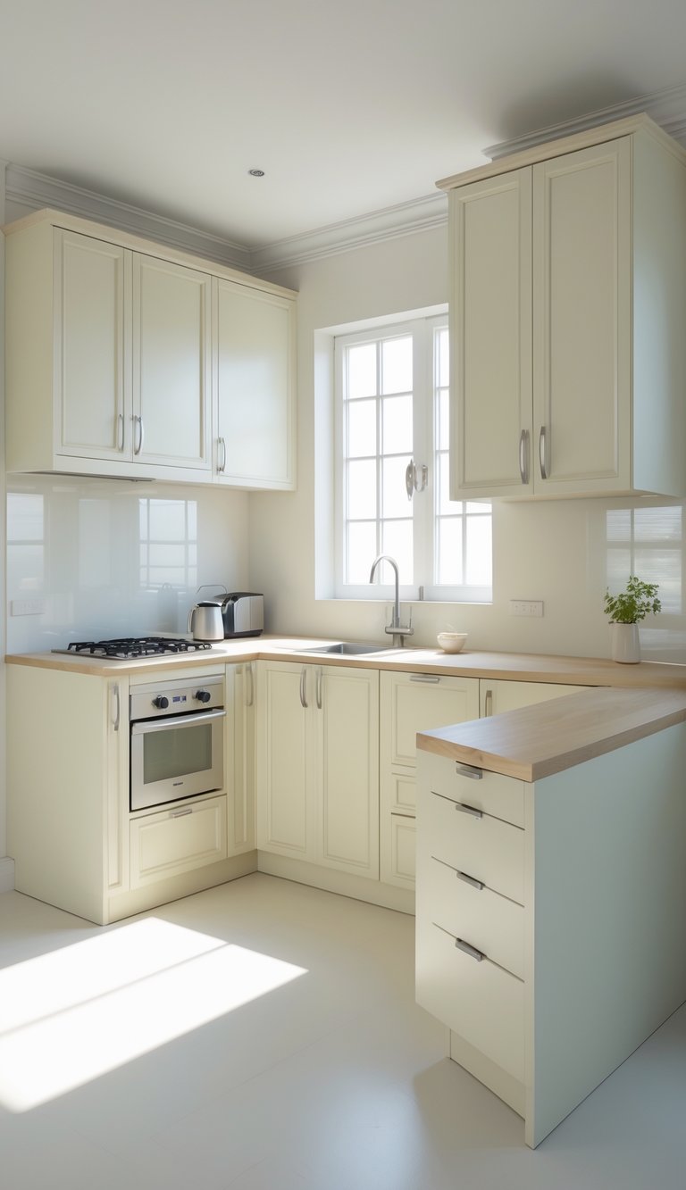 25 Small Kitchen Layout Ideas That Actually Work 10 A small kitchen with light-colored cabinets, a sink, stove, and natural light coming through a window.