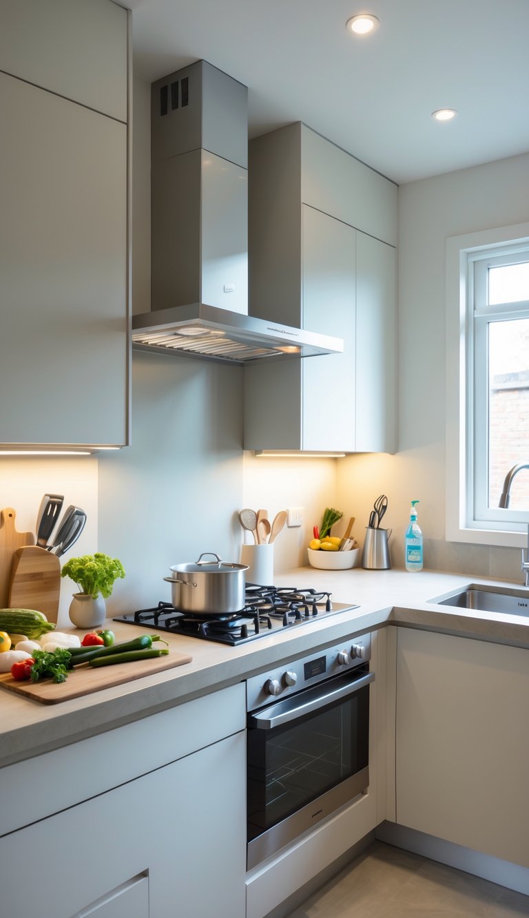 25 Small Kitchen Layout Ideas That Actually Work 17 A small kitchen with clearly separated areas for food preparation, cooking, and cleaning, showing a cutting board with vegetables, a stovetop with a pot, and a sink with clean dishes.