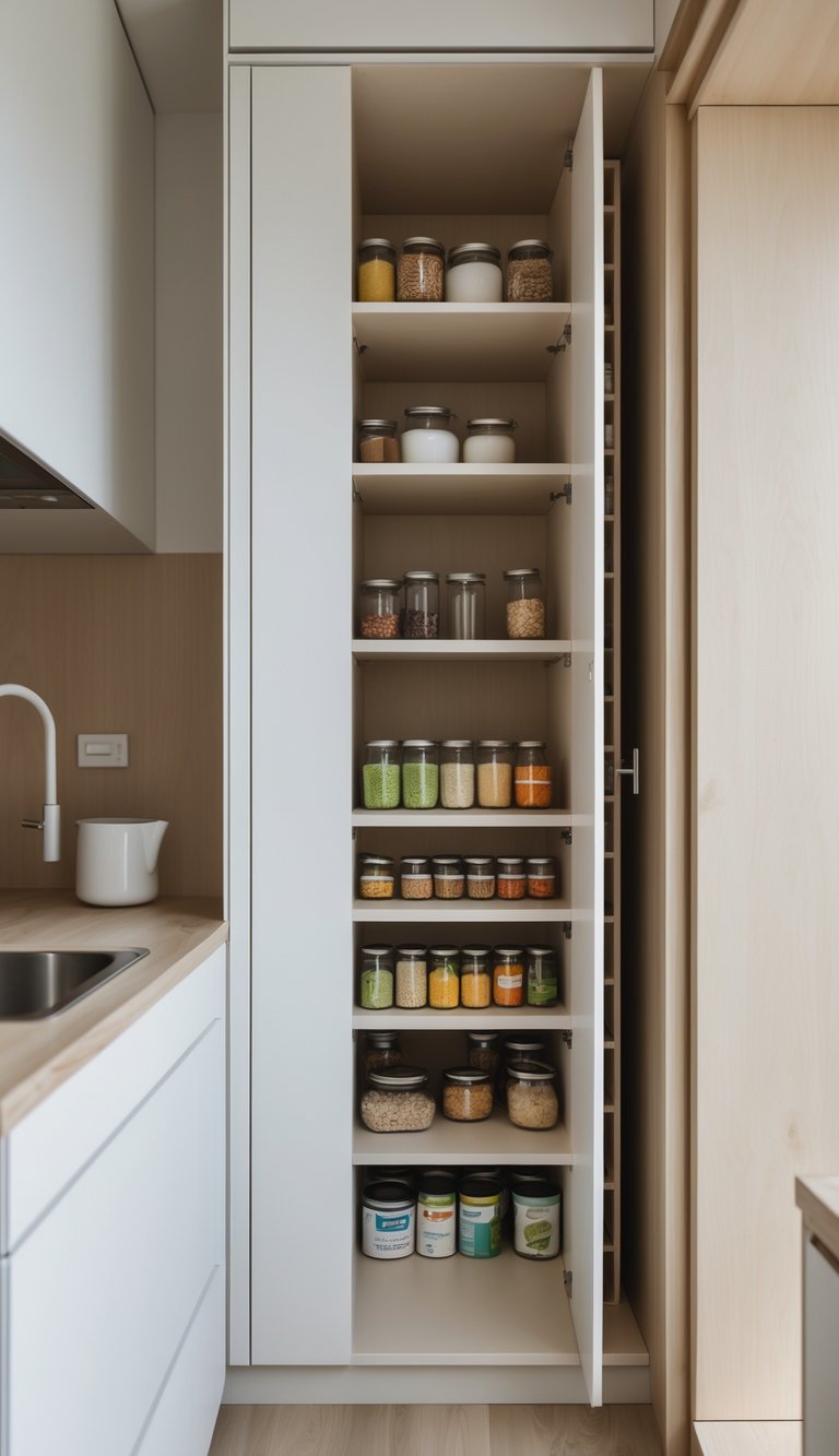 25 Small Kitchen Layout Ideas That Actually Work 24 A narrow tall pantry closet with organized shelves inside a small modern kitchen.