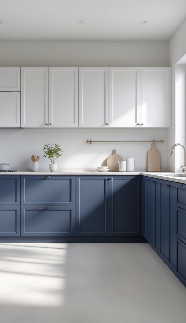 13 Two Tone Kitchen Cabinet Color Combinations 1 A modern kitchen with navy blue lower cabinets and white upper cabinets, featuring a clean and simple design.
