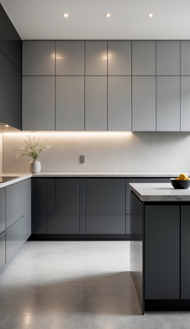 13 Two Tone Kitchen Cabinet Color Combinations 2 A modern kitchen with charcoal gray lower cabinets and light gray upper cabinets, featuring a clean and uncluttered countertop.
