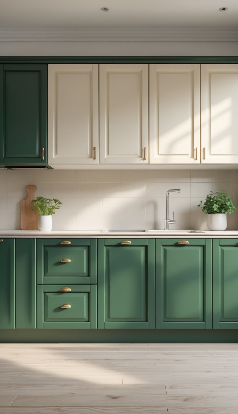 13 Two Tone Kitchen Cabinet Color Combinations 3 A kitchen with forest green lower cabinets and cream upper cabinets, featuring a clean and bright countertop and backsplash.