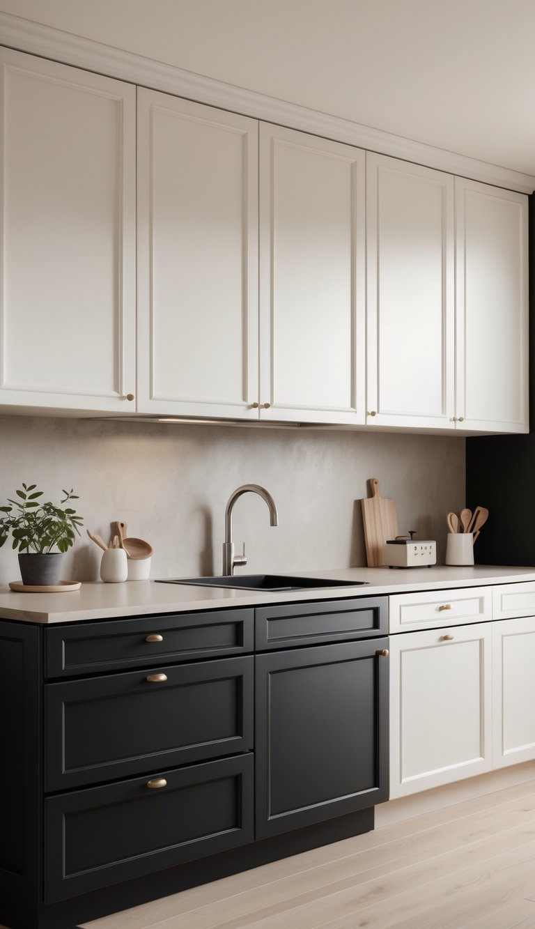 13 Two Tone Kitchen Cabinet Color Combinations 4 A kitchen with black lower cabinets and soft white upper cabinets, featuring a clean countertop and minimal decor.