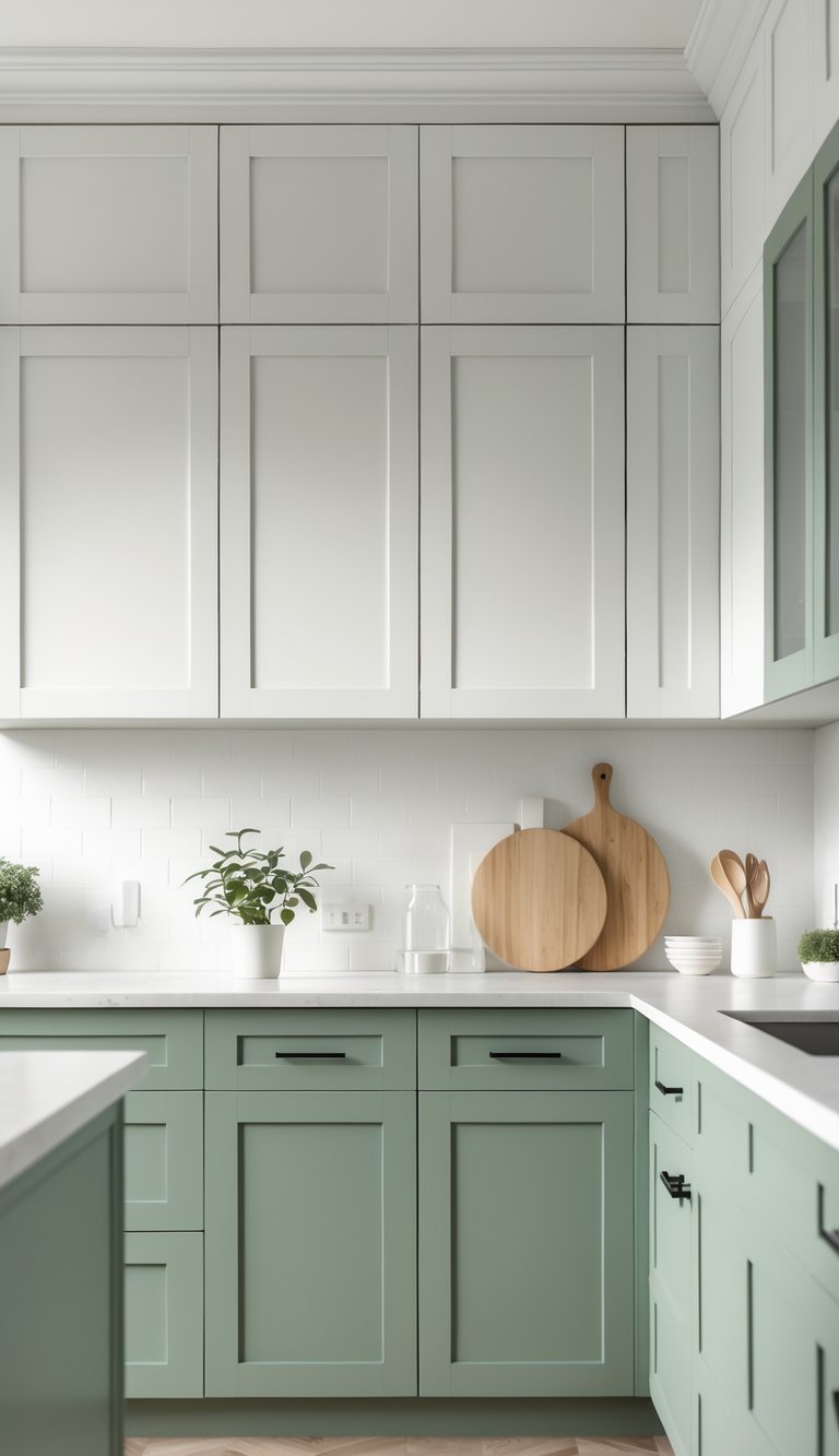 13 Two Tone Kitchen Cabinet Color Combinations 5 A modern kitchen with two-tone cabinets, white on top and sage green on the bottom, featuring a clean countertop and subtle decor.