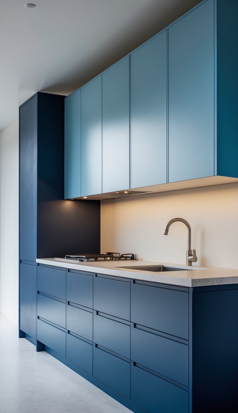 13 Two Tone Kitchen Cabinet Color Combinations 6 A modern kitchen with deep blue lower cabinets and pale blue upper cabinets, featuring a light countertop and clean design.