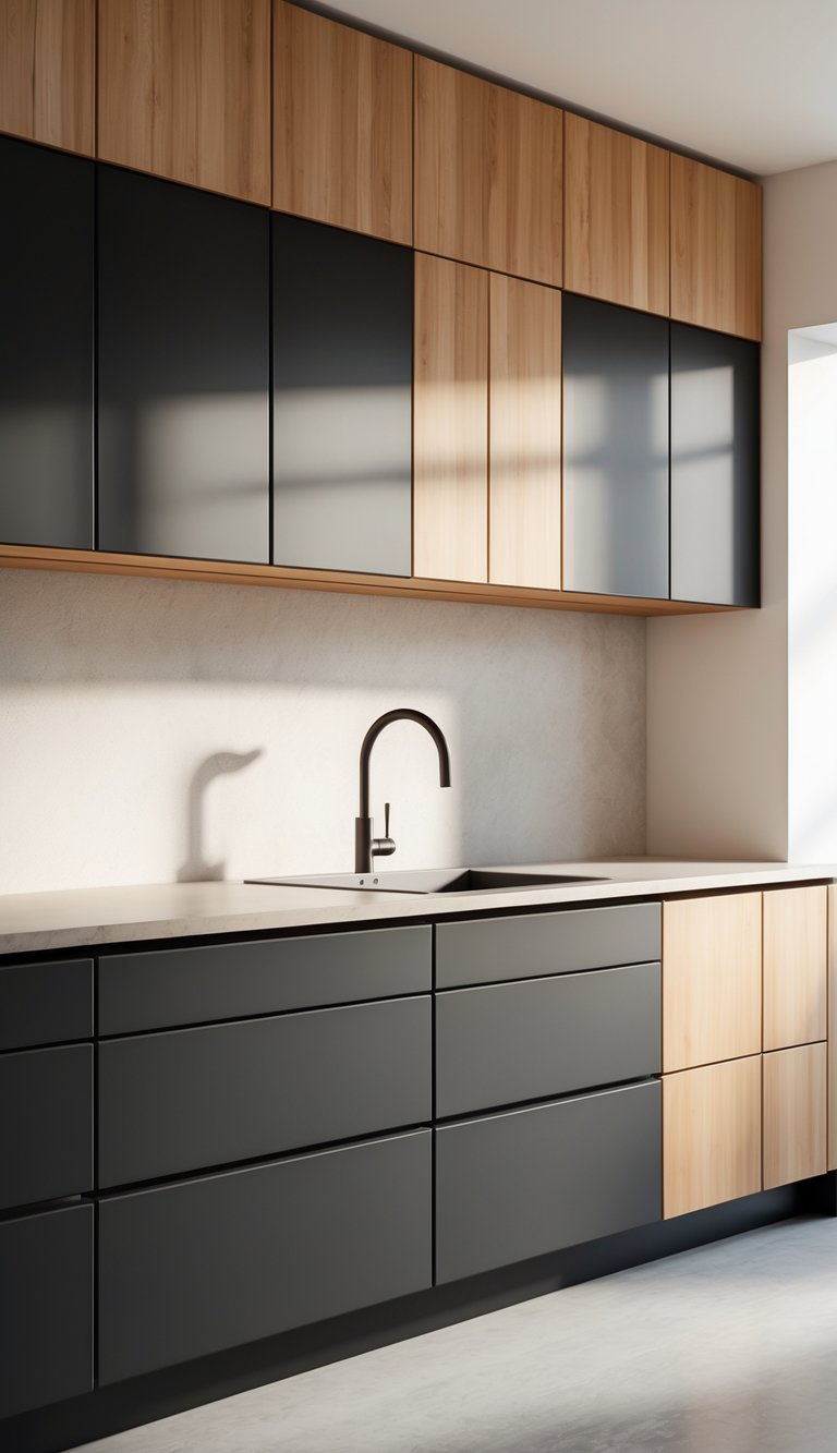 13 Two Tone Kitchen Cabinet Color Combinations 7 A kitchen with matte black lower cabinets and warm wood upper cabinets in a clean, minimal setting.