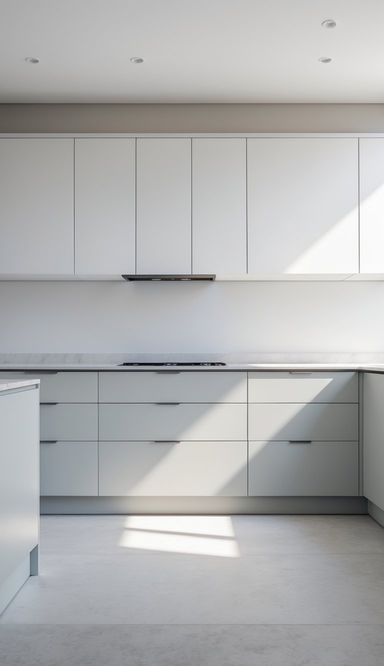 13 Two Tone Kitchen Cabinet Color Combinations 8 A modern kitchen with light gray lower cabinets and bright white upper cabinets, featuring a clean and uncluttered countertop.