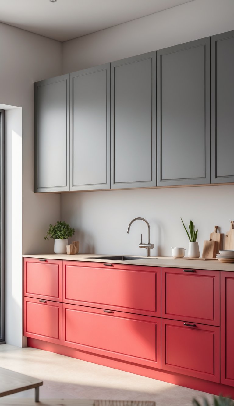 13 Two Tone Kitchen Cabinet Color Combinations 9 A kitchen with bold red lower cabinets and neutral gray upper cabinets, featuring a clean countertop and minimal decor.
