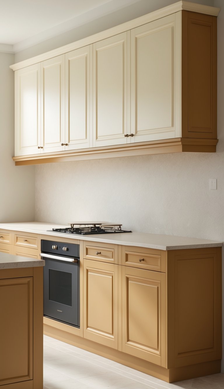 13 Two Tone Kitchen Cabinet Color Combinations 10 A modern kitchen with cream upper cabinets and tan lower cabinets, featuring a clean and simple design.