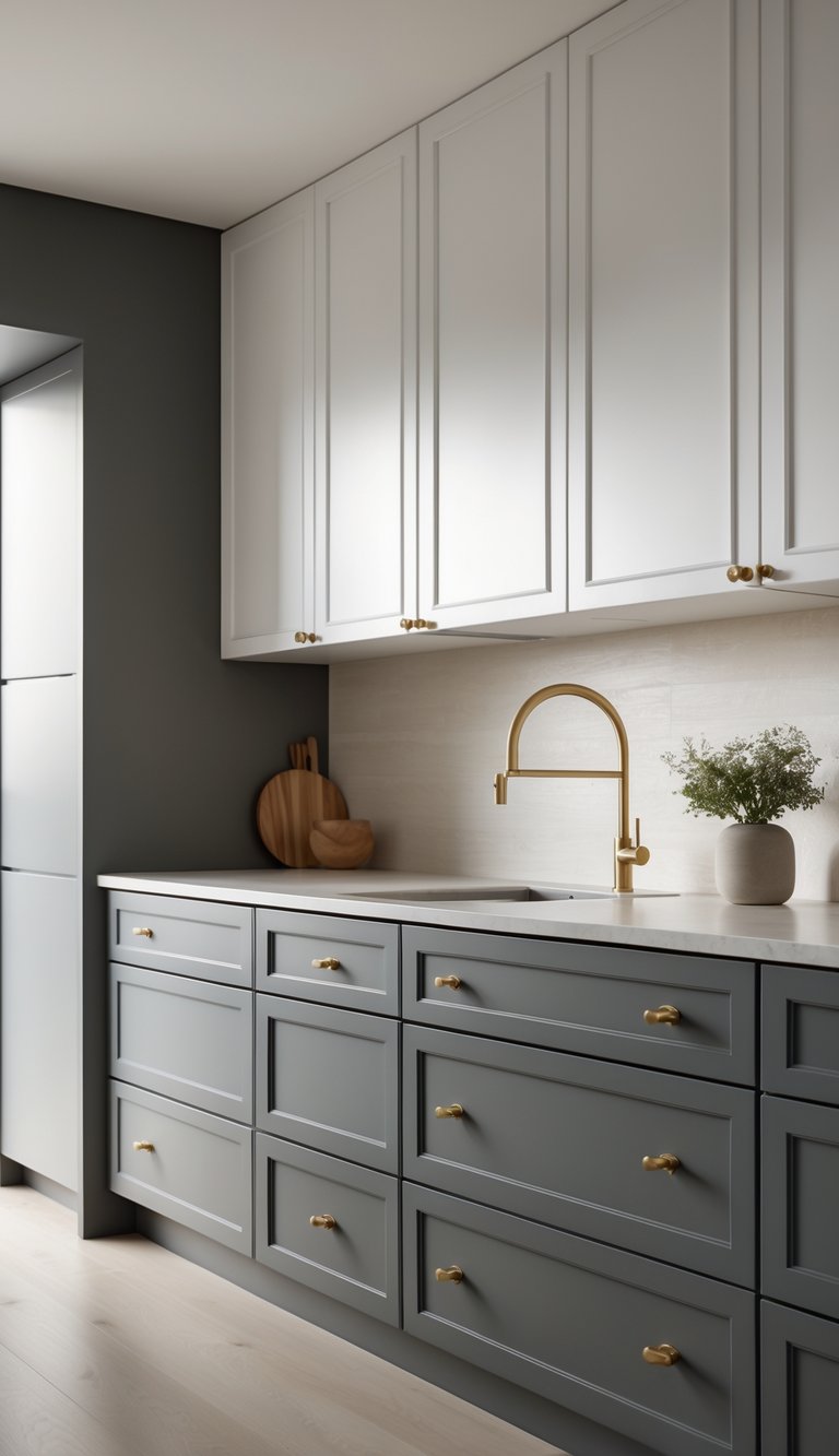 13 Two Tone Kitchen Cabinet Color Combinations 11 A kitchen with charcoal gray lower cabinets and white upper cabinets with brass handles.