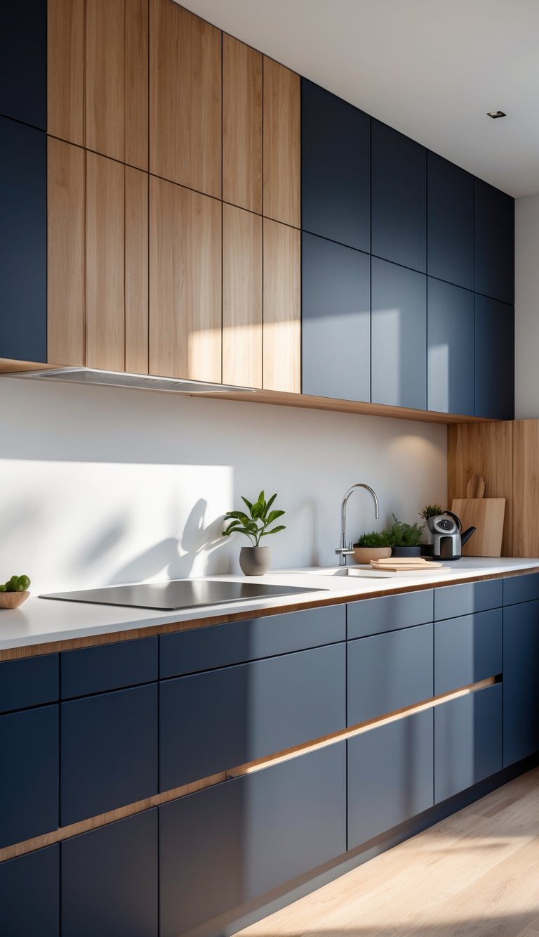 13 Two Tone Kitchen Cabinet Color Combinations 13 Modern kitchen with navy blue upper cabinets and natural wood lower cabinets, featuring a clean countertop and minimal decor.