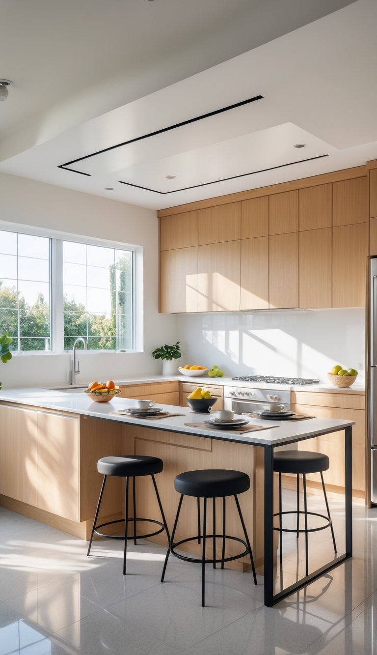 15 U-Shaped Kitchen Ideas for Maximum Counter Space 3 A bright U-shaped kitchen with a breakfast bar extension and bar stools, featuring ample counter space and modern appliances.