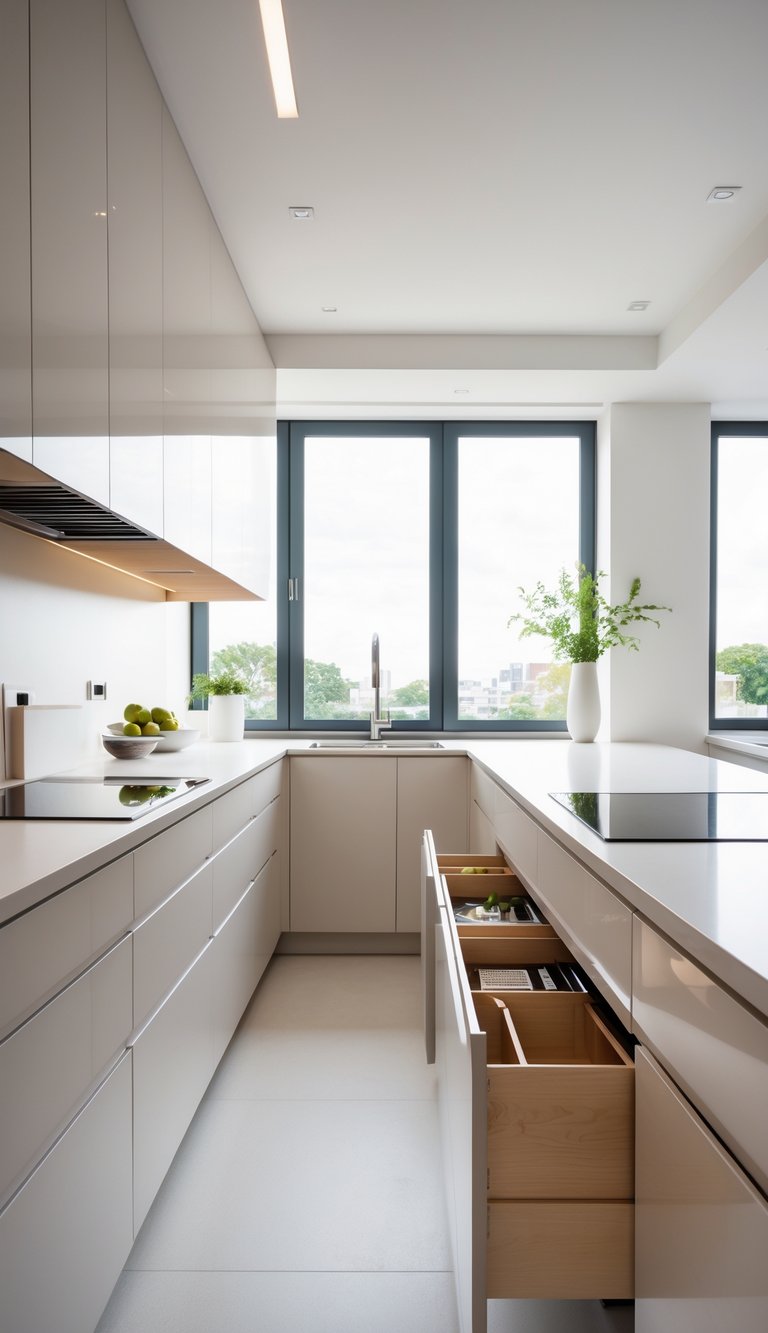 15 U-Shaped Kitchen Ideas for Maximum Counter Space 4 A modern U-shaped kitchen with deep drawers beneath countertops and ample counter space.