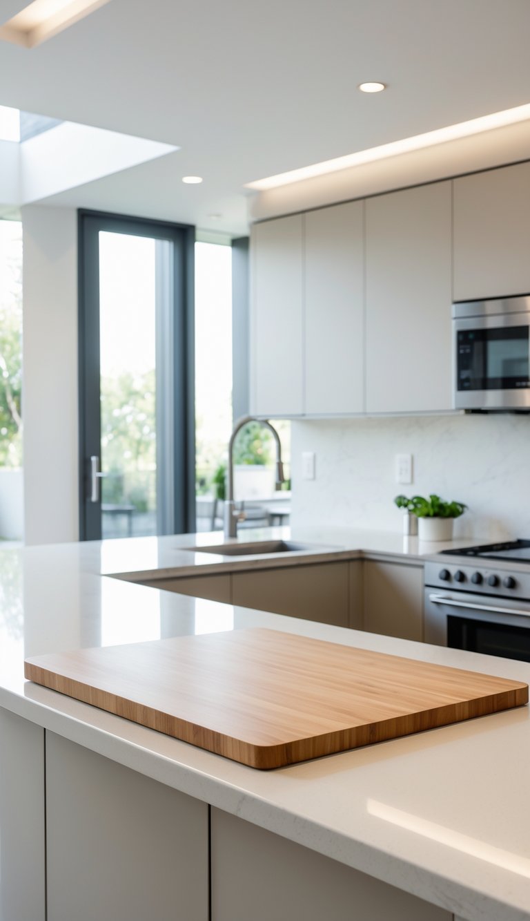 15 U-Shaped Kitchen Ideas for Maximum Counter Space 6 A modern U-shaped kitchen with a built-in cutting board integrated into the countertop for food preparation.