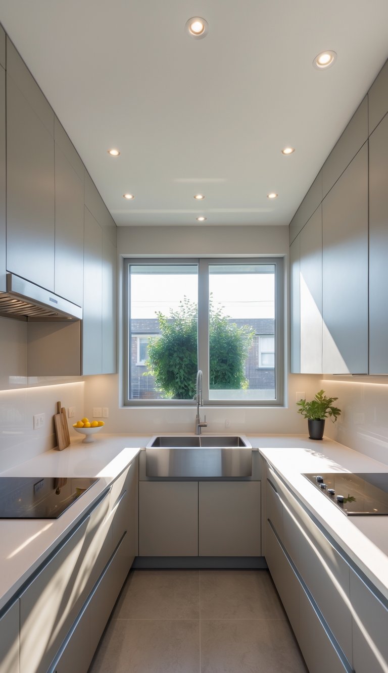 15 U-Shaped Kitchen Ideas for Maximum Counter Space 7 A modern U-shaped kitchen with a sink placed in the center section and spacious countertops on both sides.