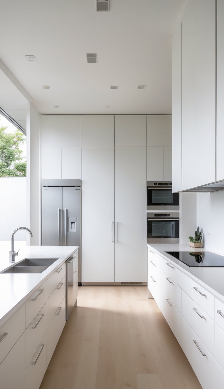 15 U-Shaped Kitchen Ideas for Maximum Counter Space 9 A U-shaped kitchen with tall, slim cabinets and clear countertops, designed to maximize counter space.