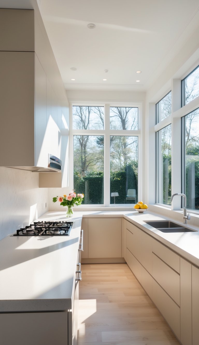 15 U-Shaped Kitchen Ideas for Maximum Counter Space 14 A bright U-shaped kitchen with light-colored countertops and stainless steel appliances, featuring ample workspace and natural light.