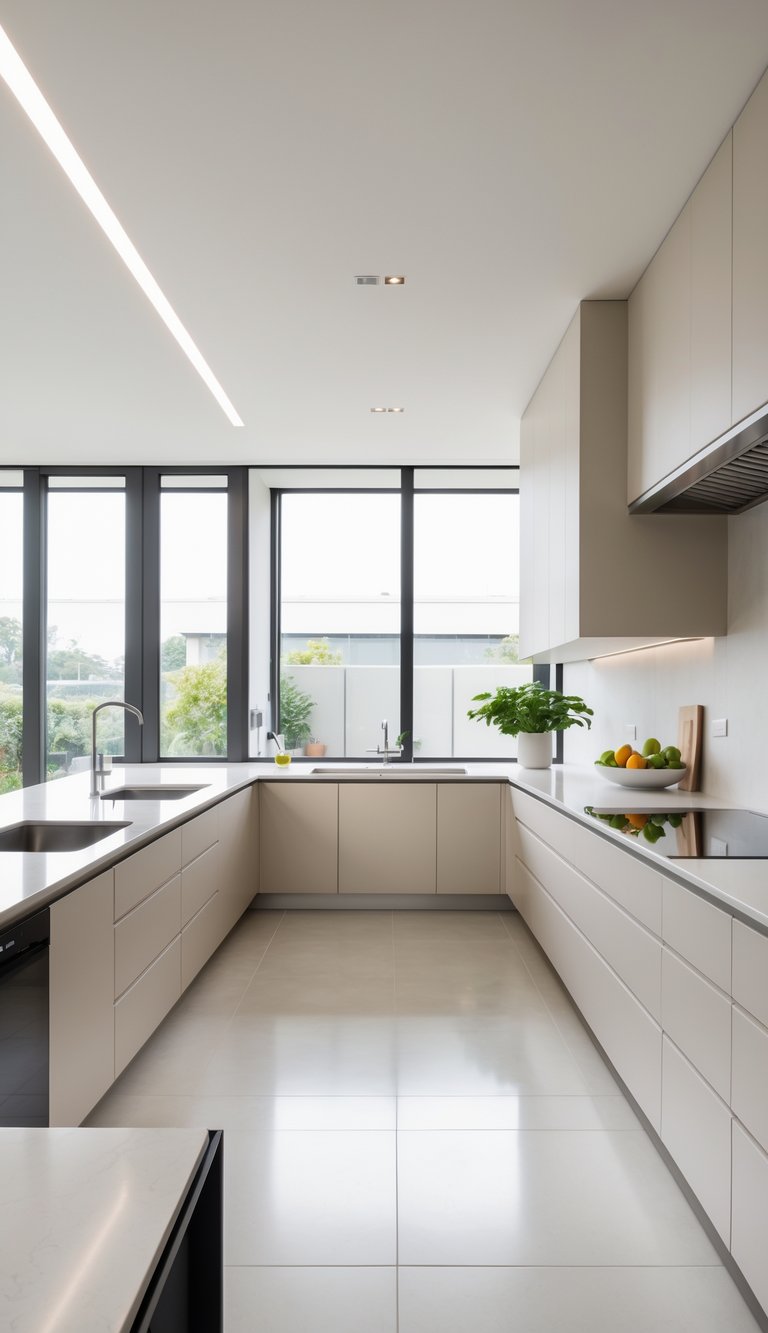 15 U-Shaped Kitchen Ideas for Maximum Counter Space 16 A bright U-shaped kitchen with a small prep sink in one corner and spacious countertops surrounding it.