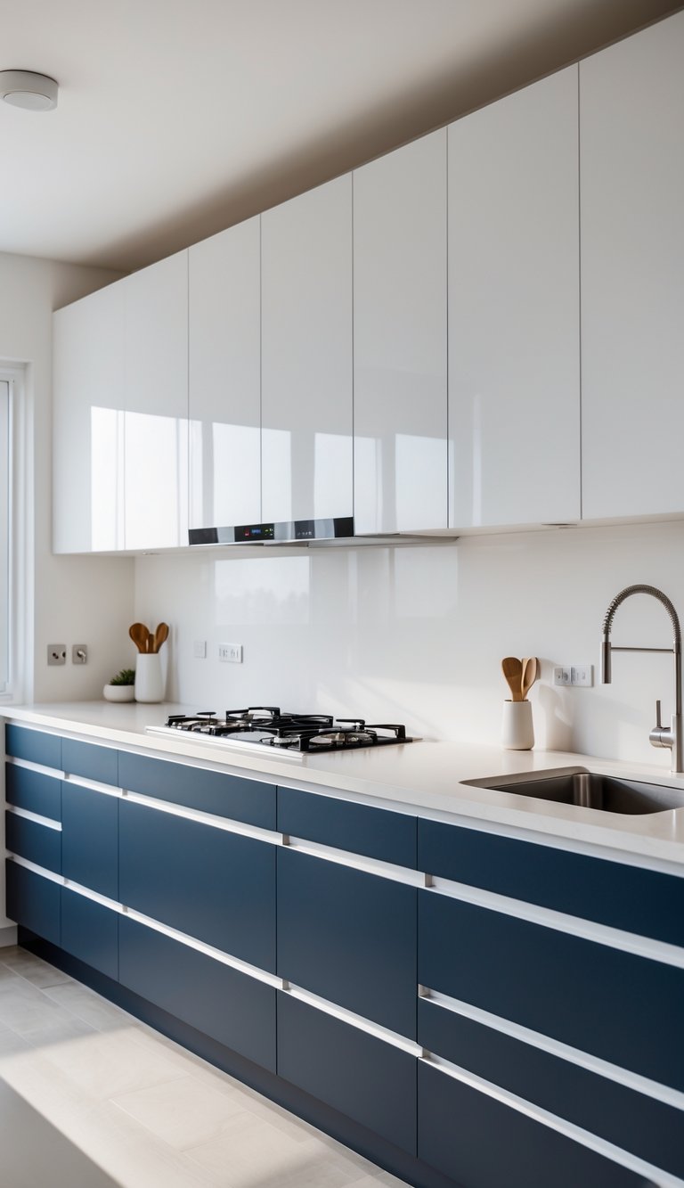 A modern kitchen with navy blue lower cabinets and white upper cabinets, featuring a light countertop and stainless steel faucet.