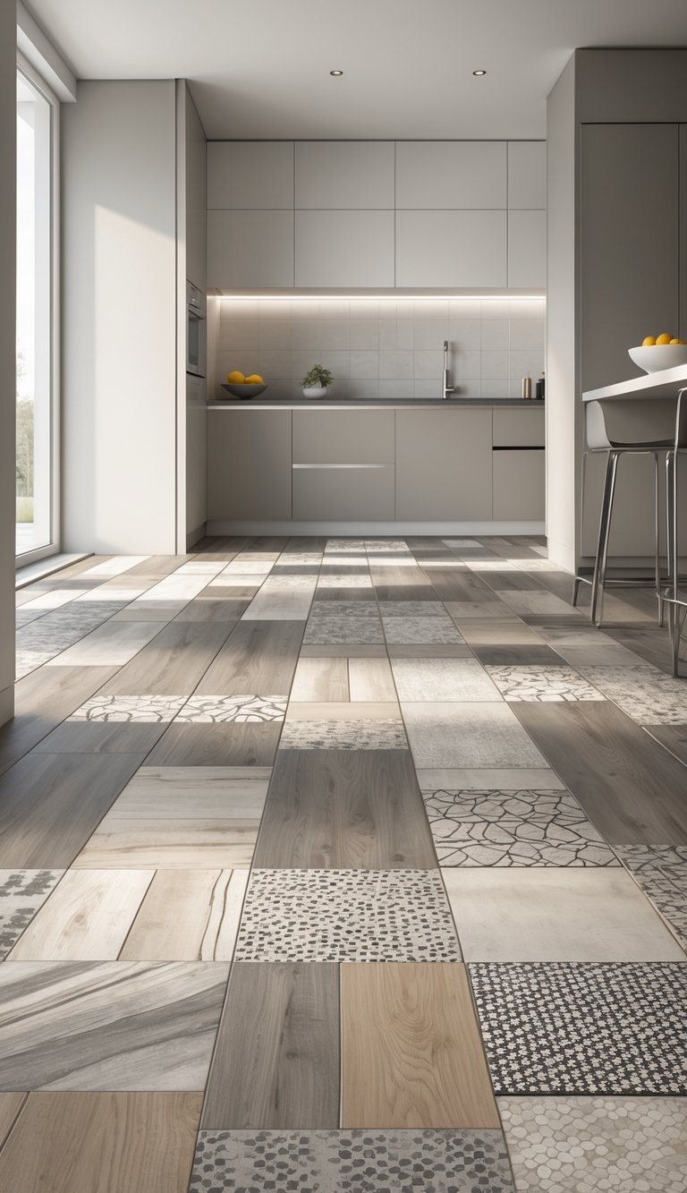15 Kitchen LVT Flooring Ideas for Stylish and Durable Renovations 1 A modern kitchen with luxury vinyl tile flooring in various patterns and textures, featuring clean cabinetry and natural lighting.