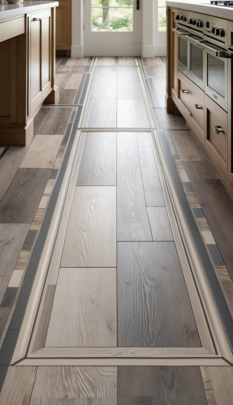 15 Kitchen LVT Flooring Ideas for Stylish and Durable Renovations 14 Close-up view of a kitchen floor with vinyl flooring featuring integrated borders creating a custom pattern.