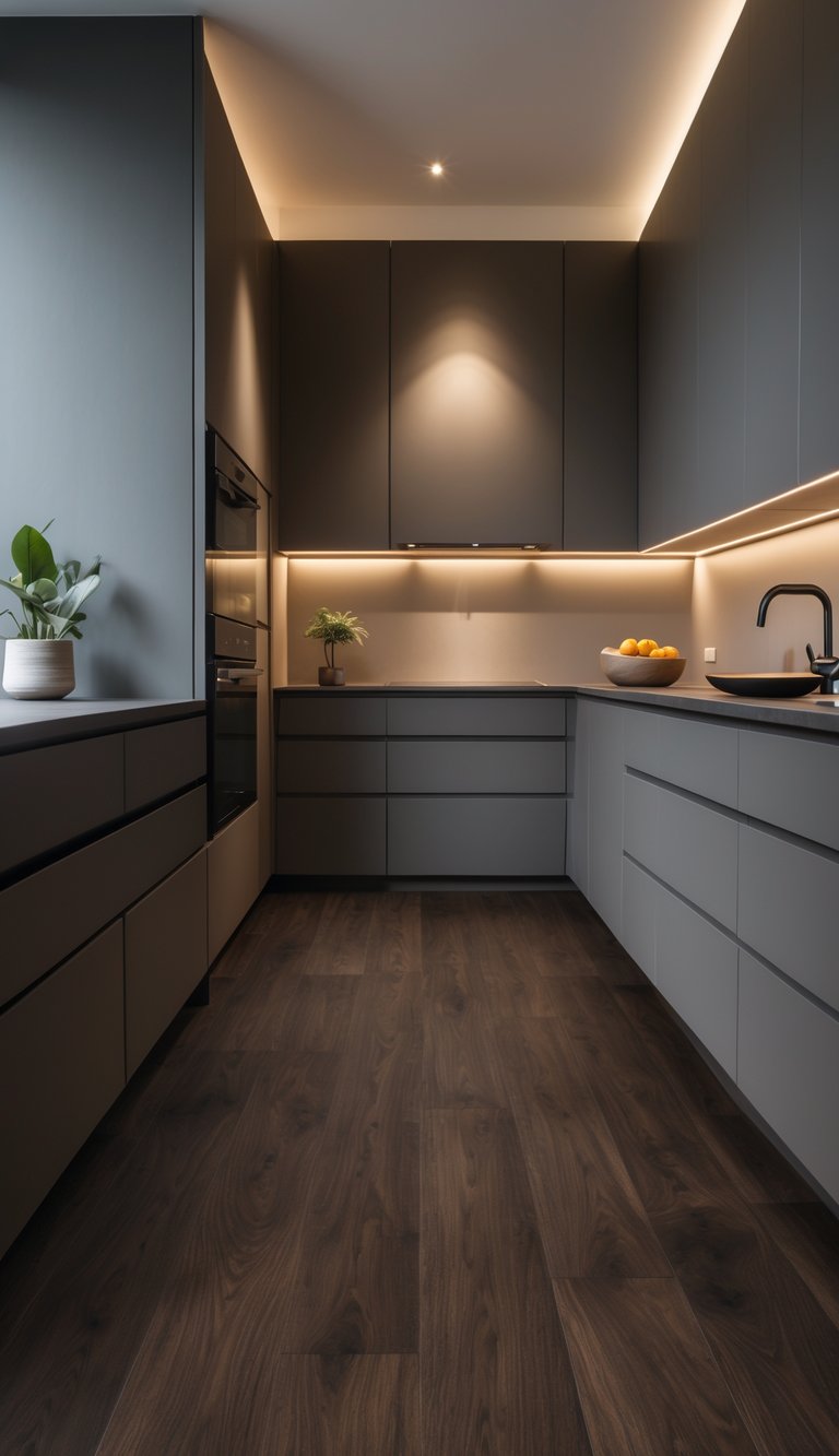 15 Kitchen LVT Flooring Ideas for Stylish and Durable Renovations 15 A modern kitchen with dark walnut vinyl tile flooring, simple cabinetry, and a clean countertop with a small plant.