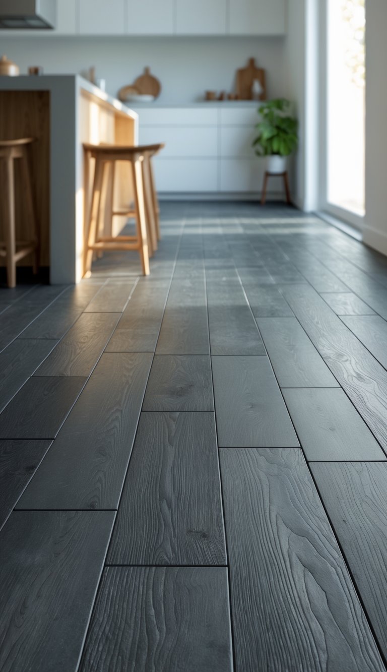 Close-up view of charcoal slate oak kitchen flooring with natural light highlighting the wood texture.