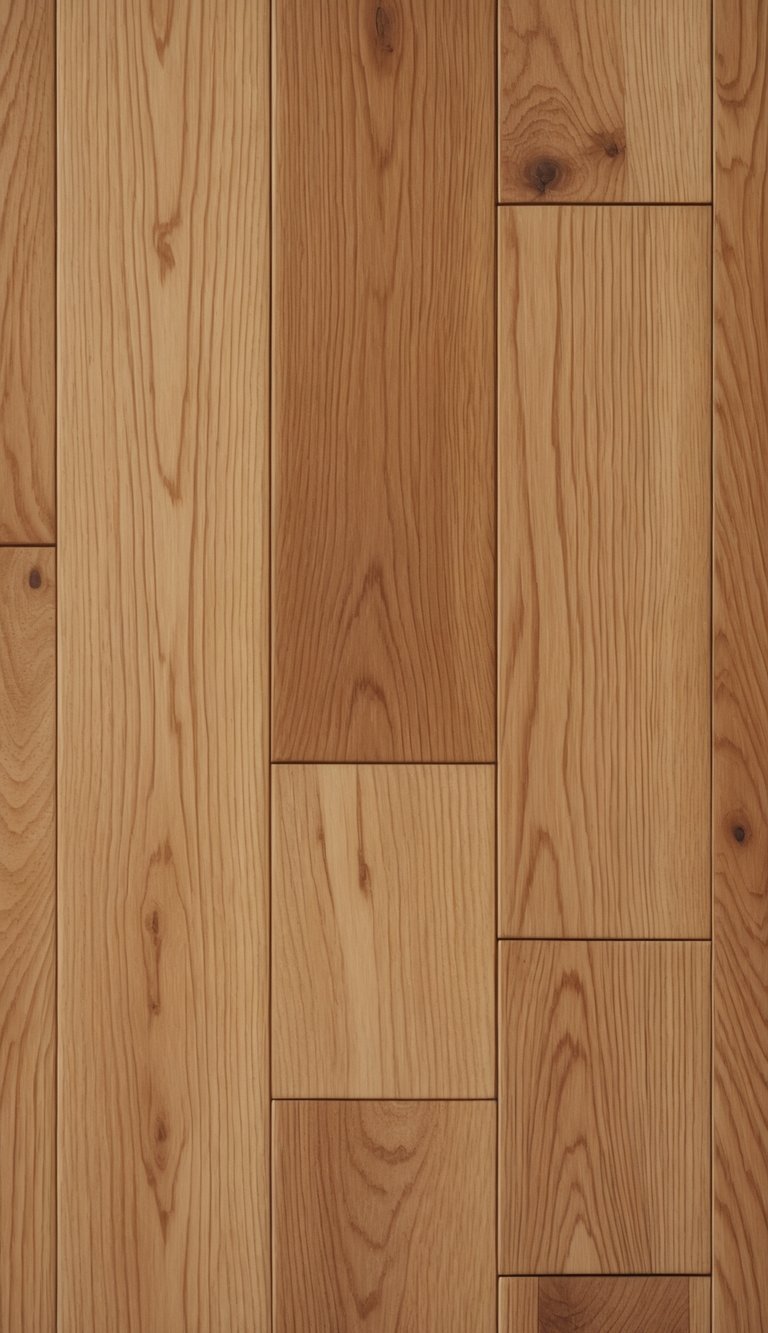 Close-up view of natural hickory hardwood oak kitchen flooring with warm tones and visible wood grain.