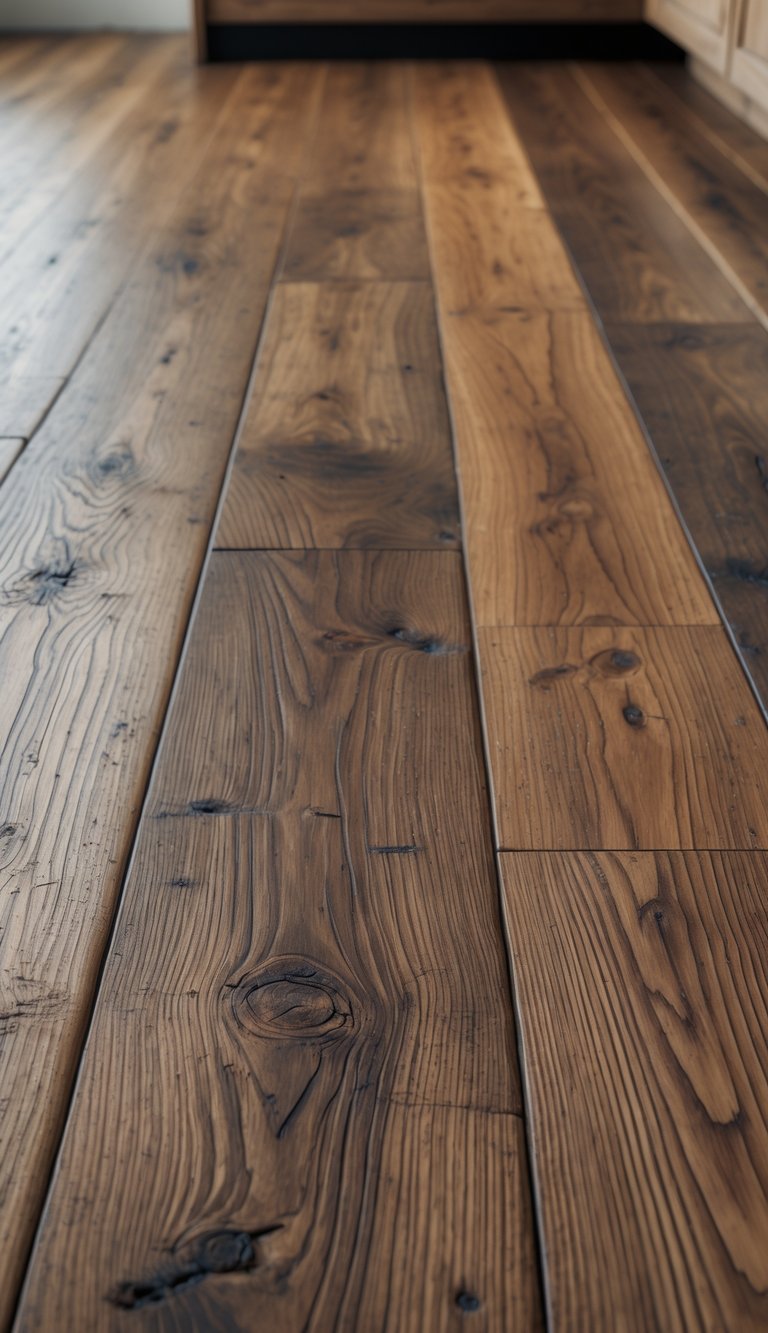 Close-up view of distressed walnut and oak hardwood kitchen flooring with natural wood grain and texture.