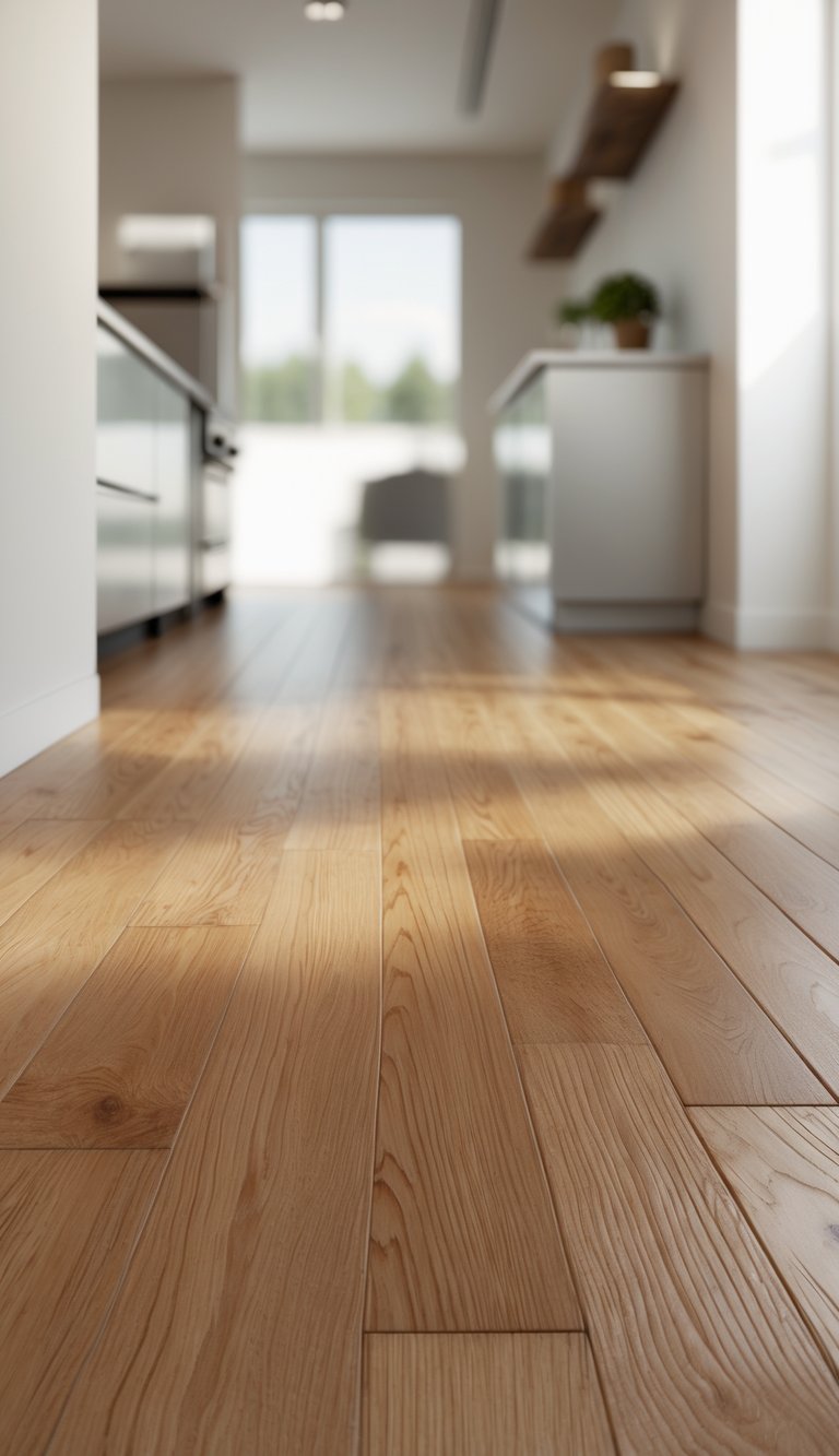 Close-up view of classic red oak plank flooring in a modern kitchen with minimal furnishings.