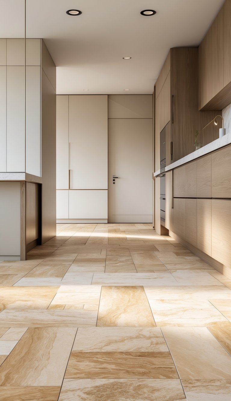 A kitchen with creamy travertine tile flooring and oak wood elements, featuring cabinets and natural lighting.