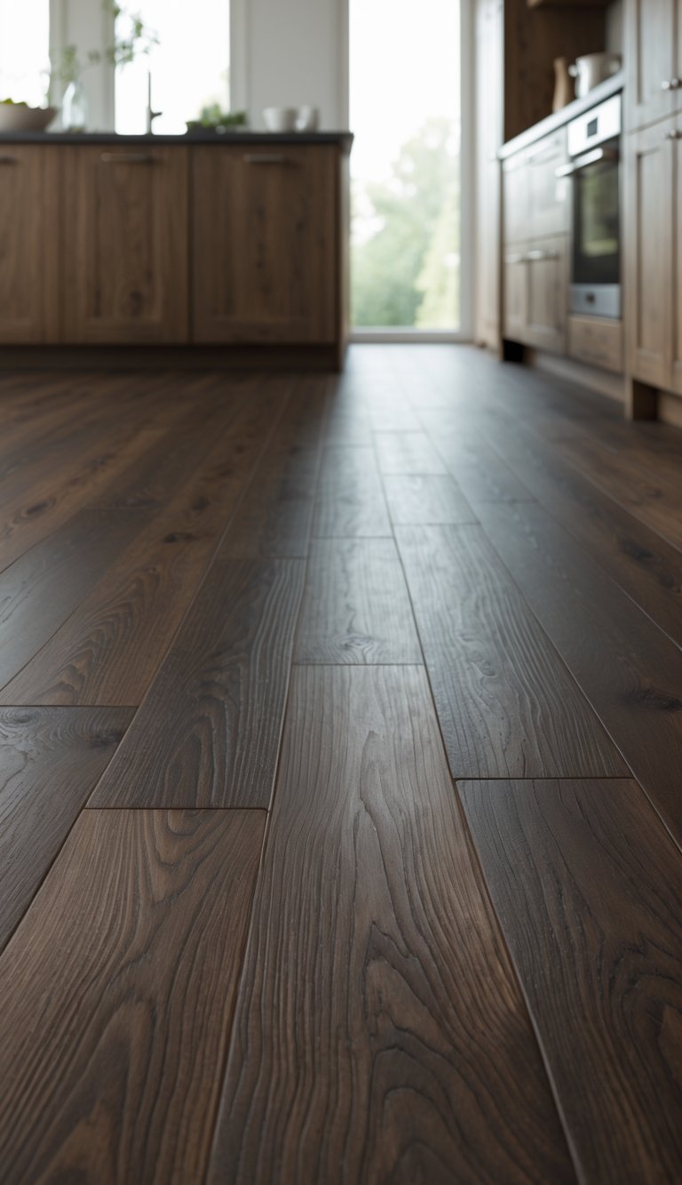 Close-up view of a dark espresso laminate oak kitchen floor with visible wood grain texture.